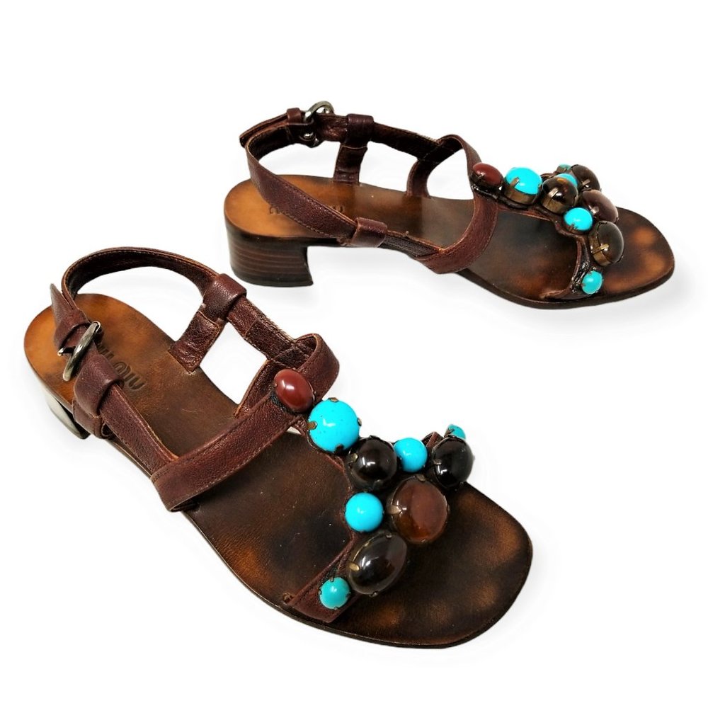 miu miu vero cuoio Designer Thong Sandal, Brown Wood, Leather & Stones, EU 36.5